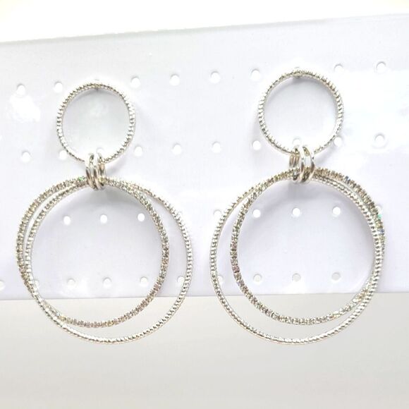Sparkling hoop dangle earrings, rhinestone, silver tone - Picture 1 of 3